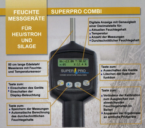 Feuchtemessgerät Heu Stroh Messfühler Rauhfutter Ballen 